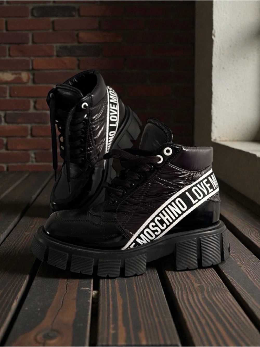Love Moschino Black Lace-Up Platform Ankle Boots with White Logo Strap